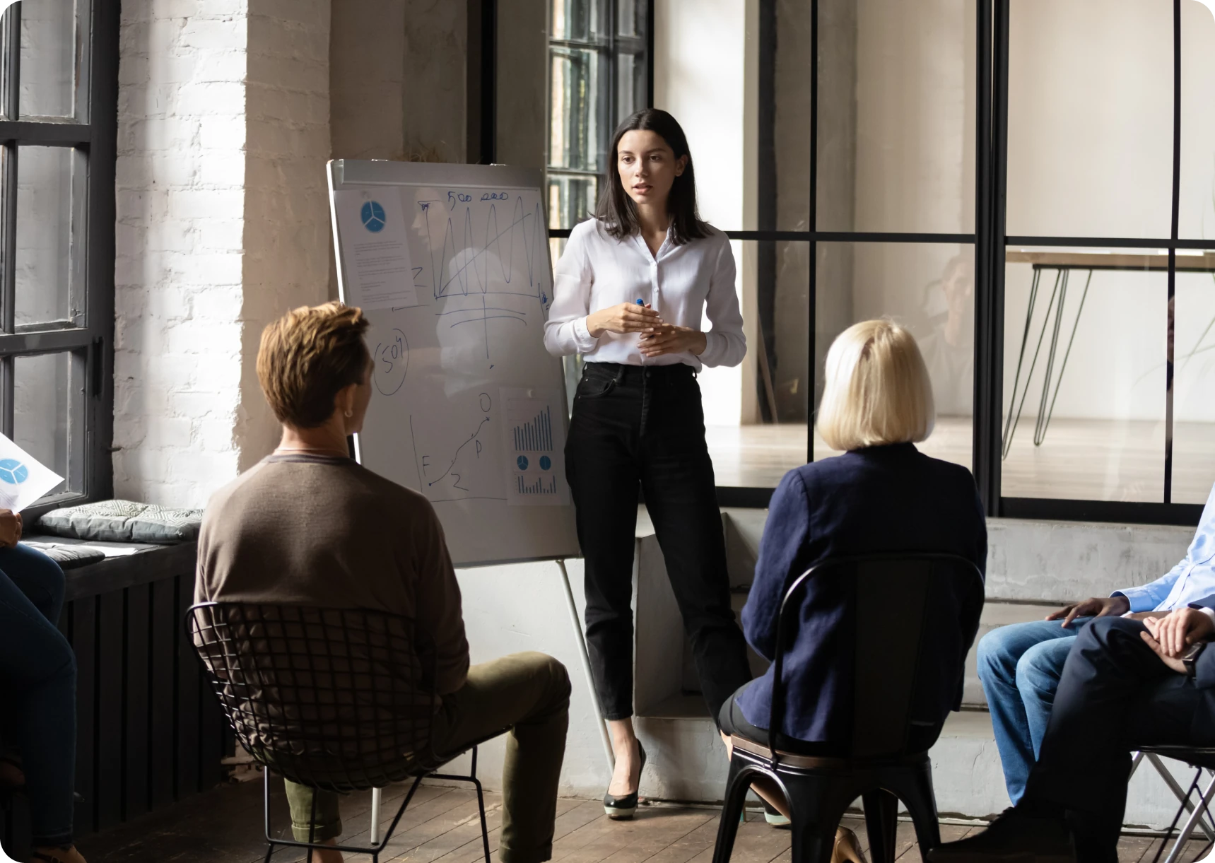 A woman stands beside a whiteboard, giving a presentation to four seated people in a modern office setting.